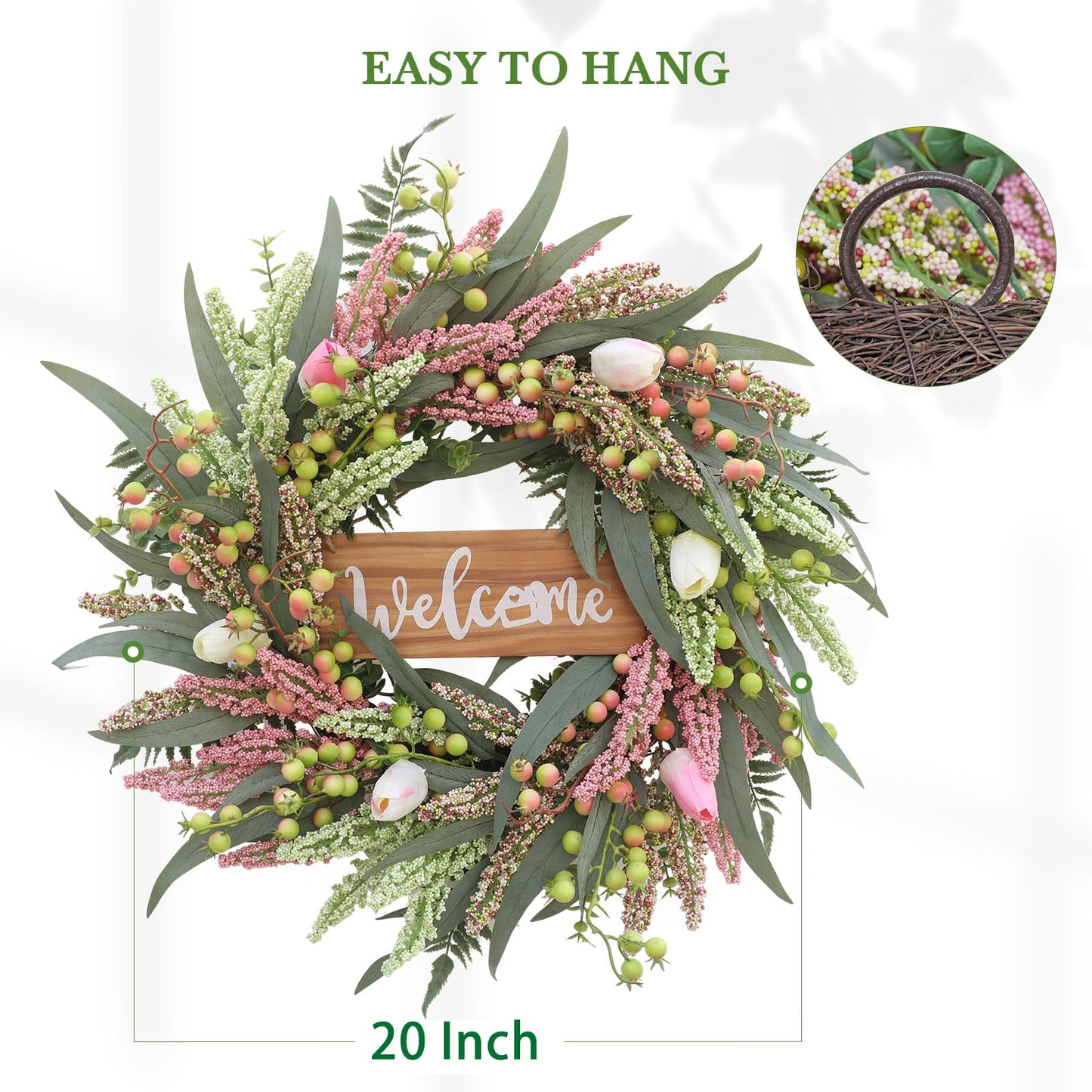 Wreaths for Front Door 20 Inch Spring Summer Tulip Wreath withTulip,Berries,Boxwood and Cattails Welcome Door Wreath, Porch, Window -Green Decor for Home, Farmhouse - Spring, Summer, Fall, All Seasons