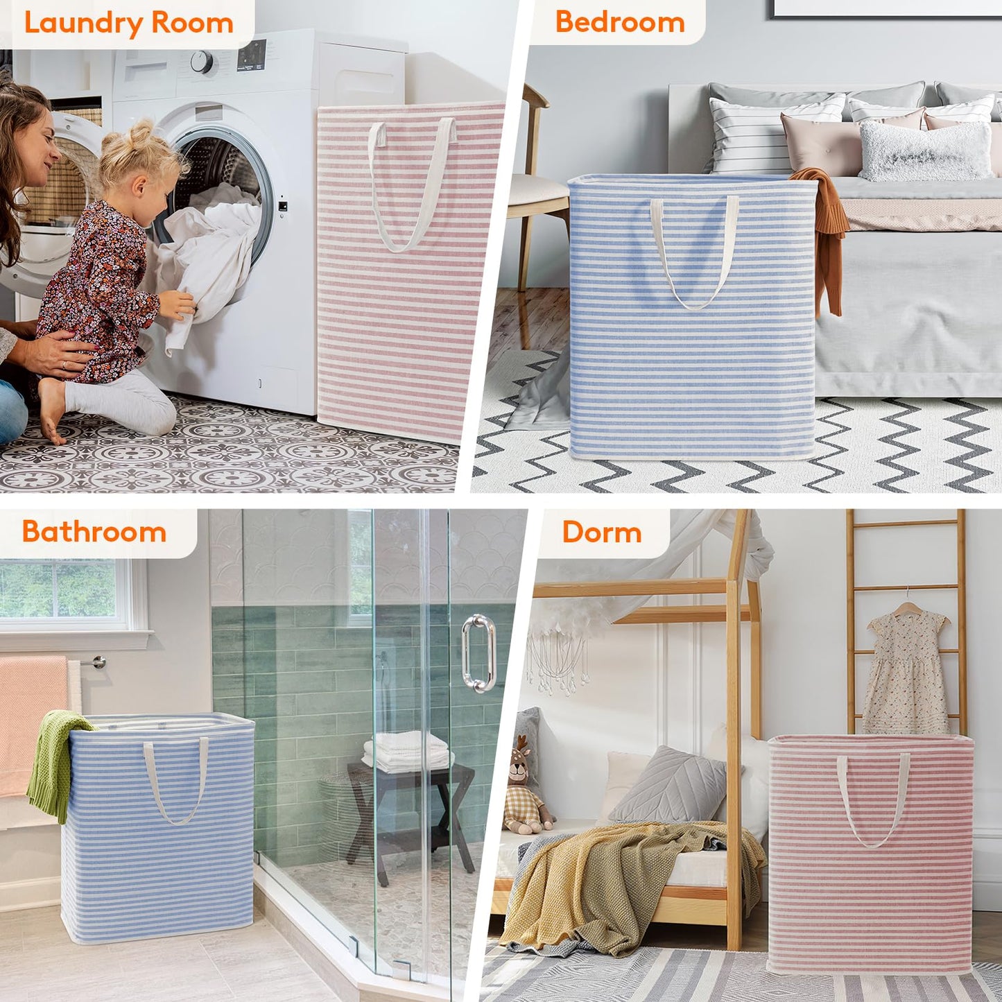 Lifewit 2 Pack Laundry Basket 100L Each, Collapsible Clothes Hamper with Reinforced Handles, Freestanding Waterproof Design for Bedroom and Laundry Room, Pink&Blue 200L Total