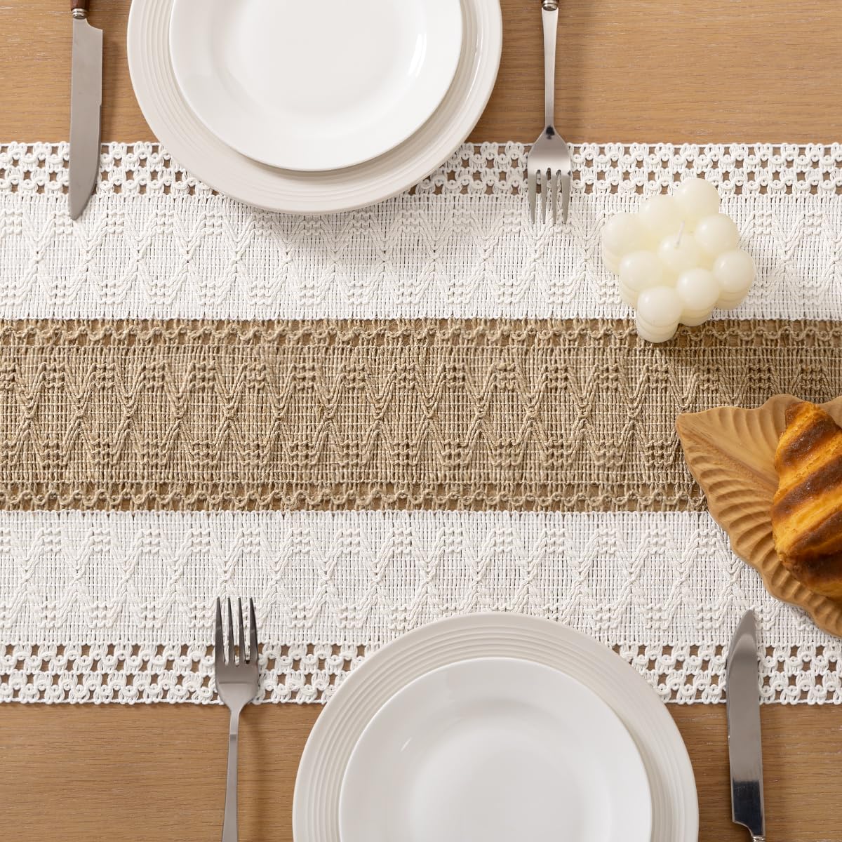 Socomi Boho Table Runner Summer Farmhouse Rustic Dining Kitchen Centerpiece Decor Small Macrame Woven Cotton Linen Coffee Table Runner for Dresser Scarf Home Decor 12x90 inch