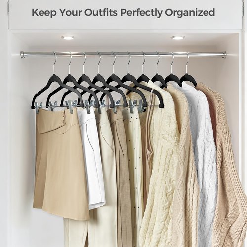 HOUSE DAY Velvet Hangers with Adjustable Clips 30 Pack, Non-Slip Suit Organizer with 360° Hook - Heavy Duty Hanger for Pants, Skirts, Blouses, Dresses - Outfit Hangers All-Season Space Saver (Black)