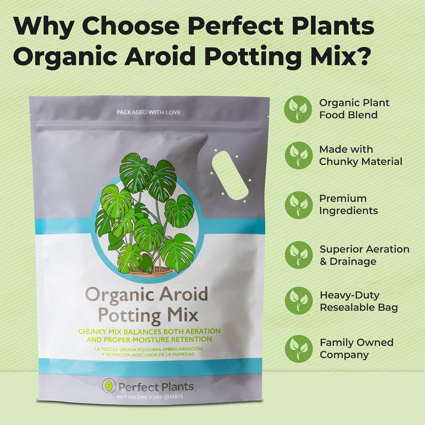 Perfect Plants Organic Aroid Potting Mix - Chunky Gardening Medium for Tropical House Plants | Peat Free, 8qt