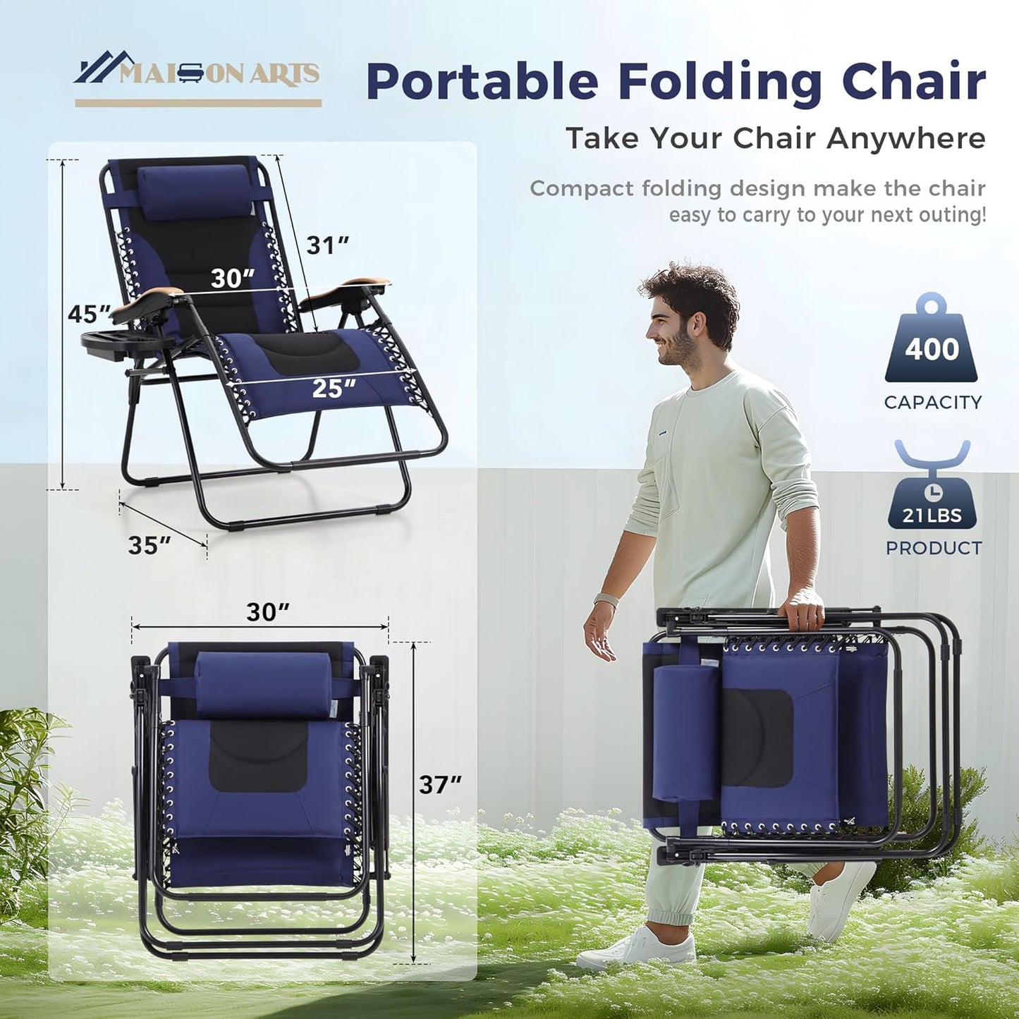 MAISON ARTS Oversized XXL Padded Zero Gravity Chair Set of 2 | 30" Wide Foldable Patio Recliner, Supports 400lbs, Blue