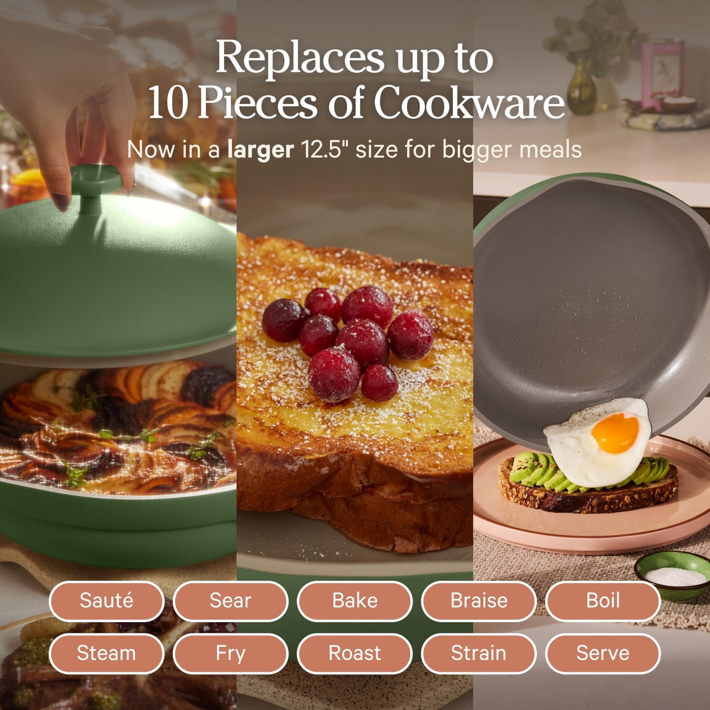 Our Place Large Always Pan | 12.5" Ceramic Pan with Modular Lid & Beechwood Spatula | Patented 10-in-1 Nonstick, Non-Toxic Cookware Made Without PFAS | Induction & Oven-Safe up to 450°F | Sage