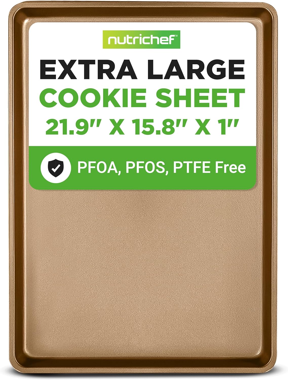 NutriChef Nonstick XL Cookie Sheet - Extra Large 22" x 16" Carbon Steel Baking Pan | Dishwasher Safe, Gold Finish