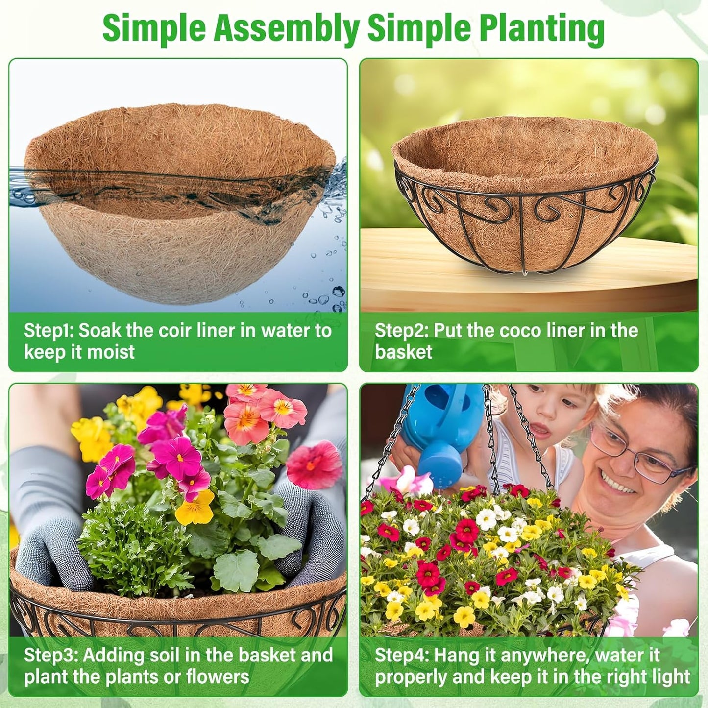 Legigo 12-Inch Metal Hanging Baskets for Outdoor Plants - Round Wire Planters with Coconut Coir Liner