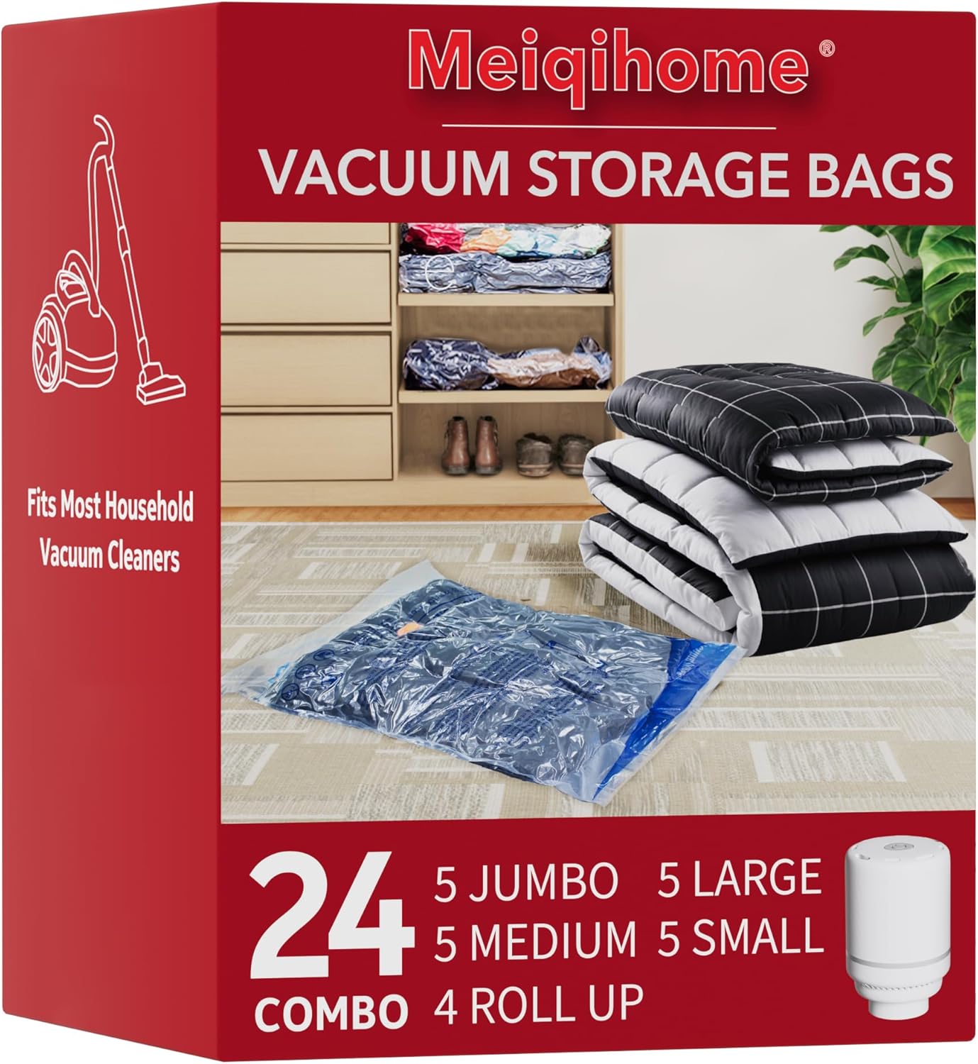 Skiennix Vacuum Seal Bags - Space-Saving Travel & Home Storage | 24-Pack with Electric Pump for Clothes, Blankets, and Comforters