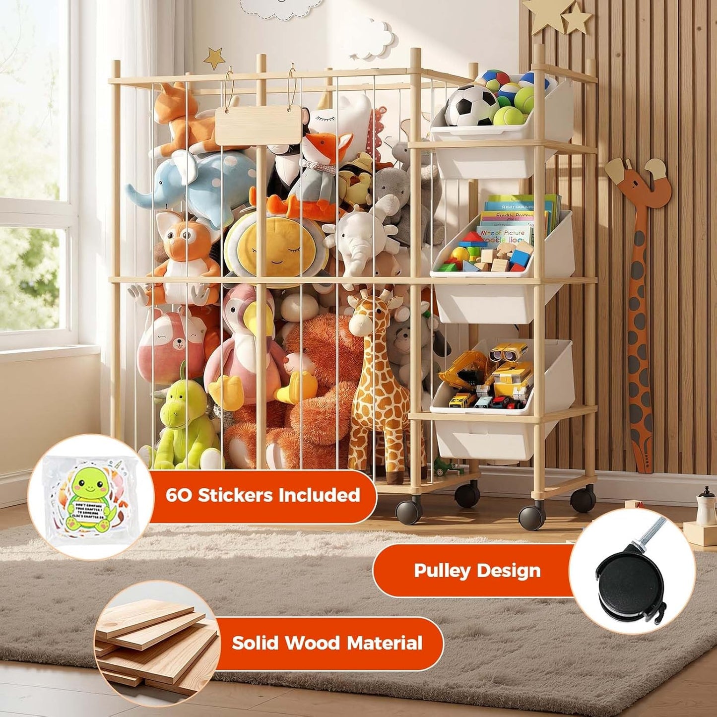 Sevenblue Toy Storage Organizer - 3 Removable Bins for Kids | Stylish Wood & White Design for Playroom