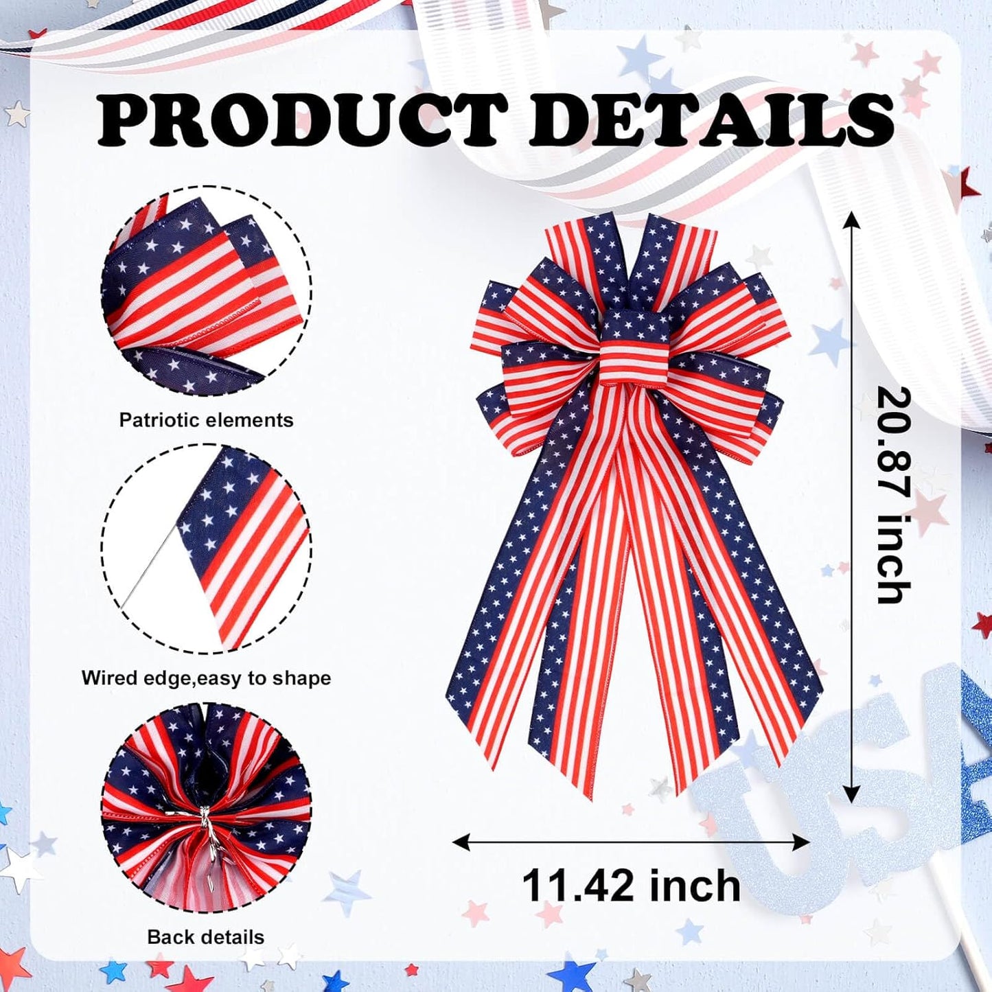Patriotic Classic | 20.87" Large Red, White & Blue Wired Edge Bow - Pre-Made Flag Wreath Decor for Memorial Day & Independence Day