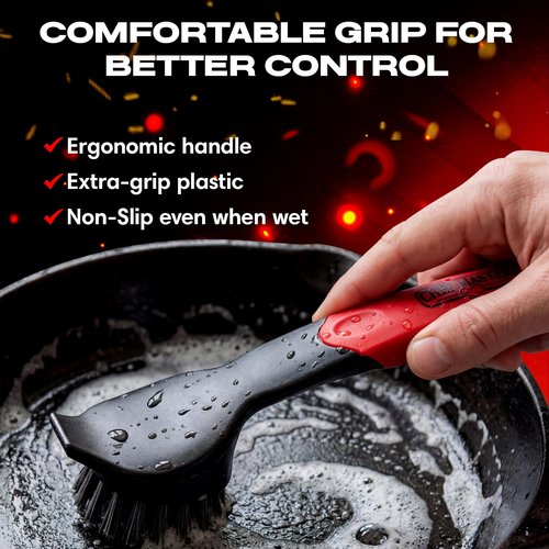 Cast Iron Scrub Brush with Heavy Duty Scraper - Nylon Bristles Dish Scrubber for Pans, Skillets and Woks – Kitchen Cleaner Removes Grime, Grease, Food Build Up - 90058 by Chef Master