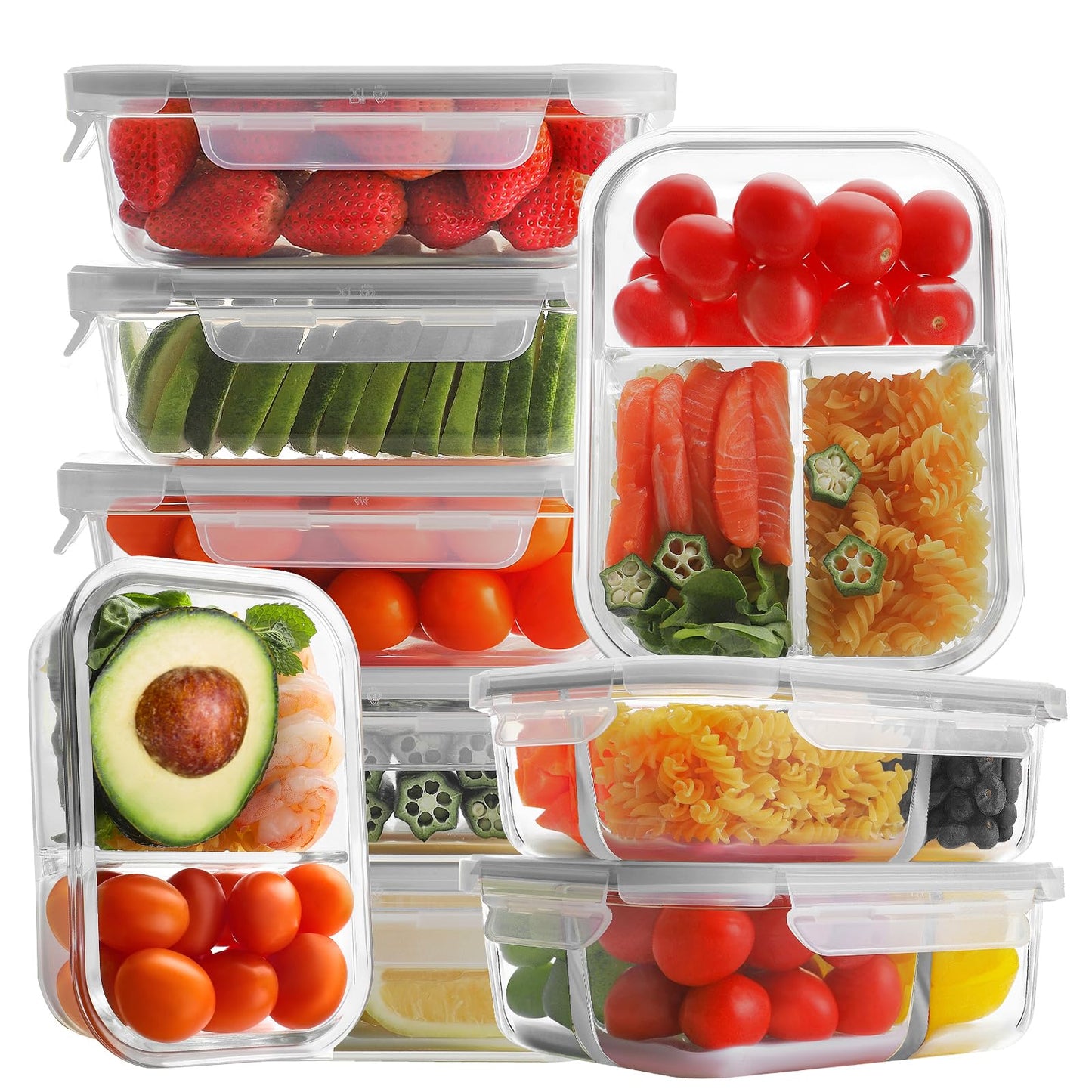 Bayco 9 Pack Glass Meal Prep Containers 3 & 2 & 1 Compartment, Glass Food Storage Containers with Lids, Airtight Glass Lunch Bento Boxes, BPA-Free & Leak Proof (9 lids & 9 Containers) - Grey
