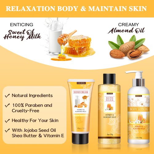 Gifts for Women, Birthday Gift for Women, 9 Pc Almond Milk & Honey Bath and Body Gifts Set, Self Care Gifts Spa Gift Basket, Relaxing Bath Sets for Mom, Girlfriend, Sister, Female Friends, Coworker