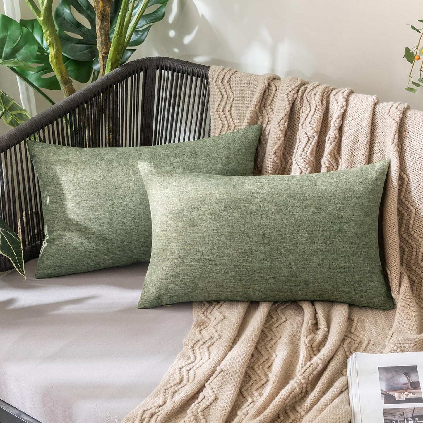 MIULEE Decorative Outdoor Throw Pillow Covers - Waterproof Faux Linen Cushion Cases | 20x12 Inch Gray Green (Pack of 2)