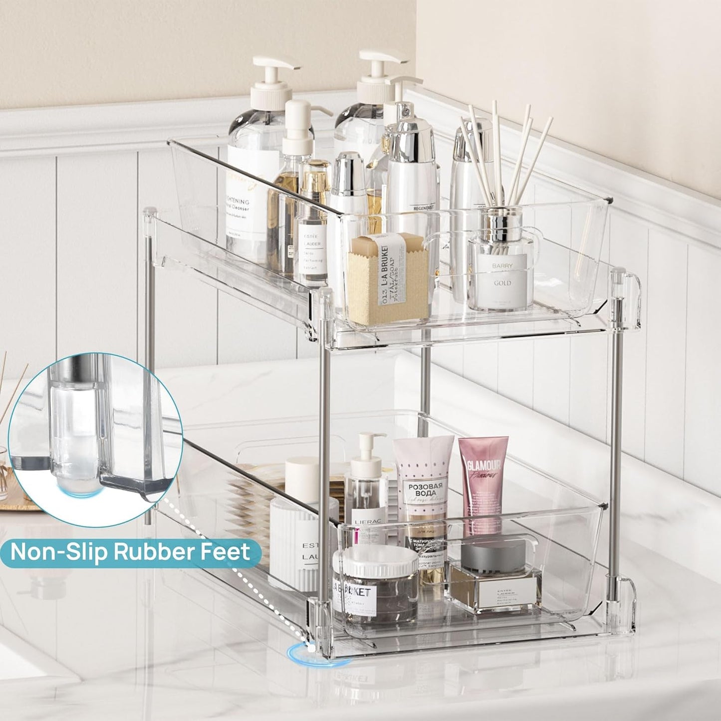 Vtopmart 4-Pack Bathroom Organizer - 2-Tier Clear Under Sink Storage Bins for Vanity & Kitchen