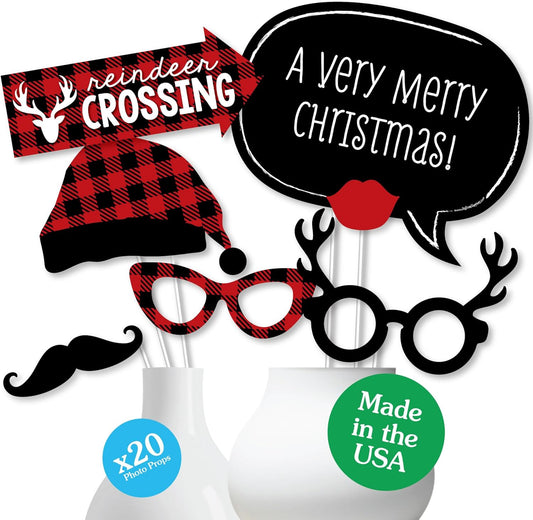 Buffalo Plaid Christmas Photo Booth Props Kit - 20 Count Holiday Decorations
