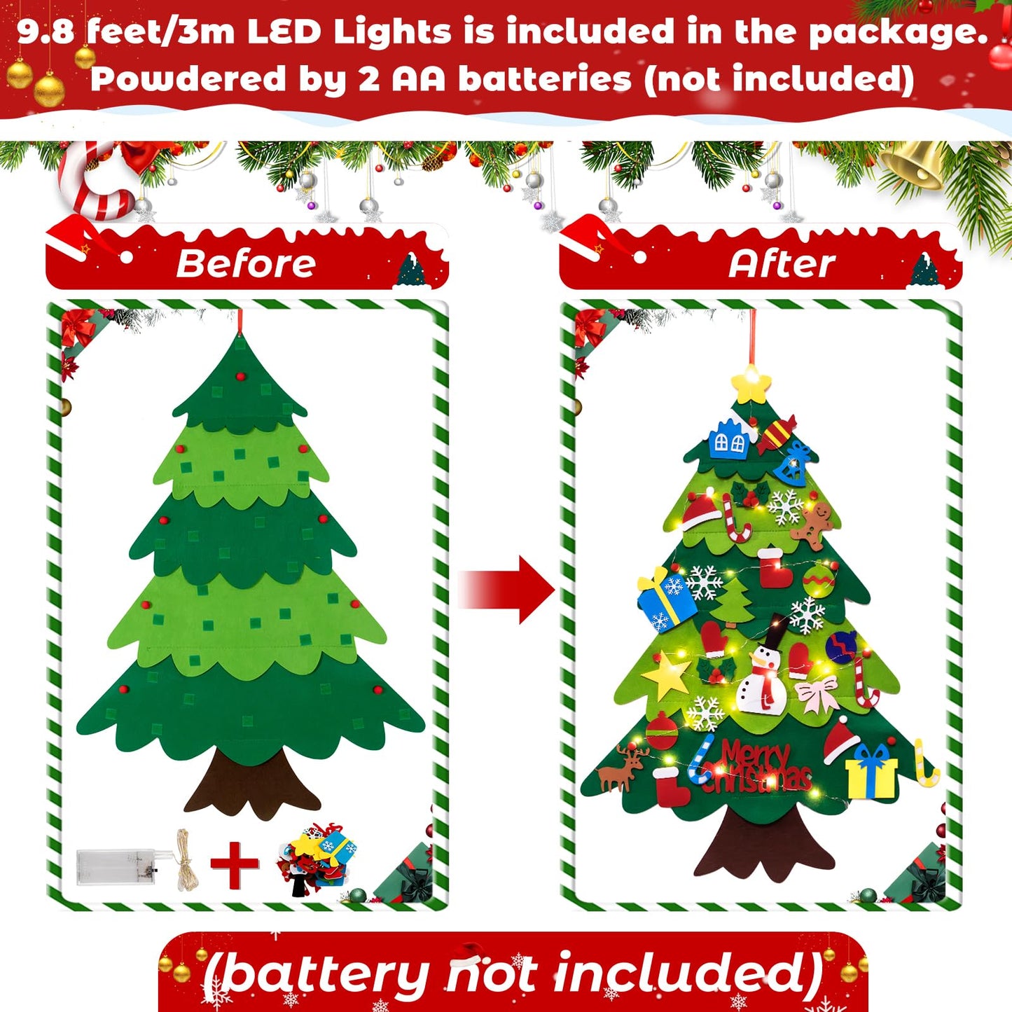 TonJin Felt Christmas Tree Set for Toddlers Kids with 3m/9.8ft Led String Light, 3.2ft/98cm Wall Hanging DIY Christmas Tree with 32 Detachable Ornaments for Xmas Home Decoration