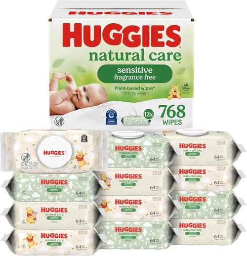 Huggies Natural Care Baby Wipes - Unscented & Hypoallergenic | 99% Purified Water, 12 Packs (768 Wipes)