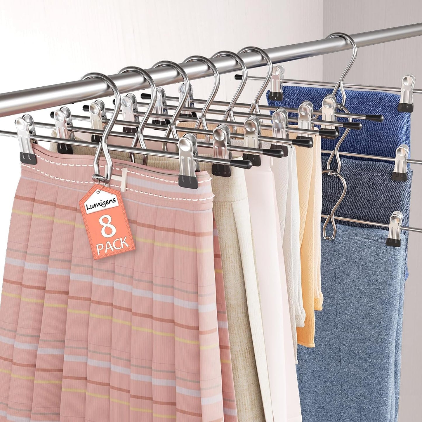 Skiennix Space-Saving Pants Hangers - Stackable Skirt Hangers with Clips | 8 Pack Closet Organizer