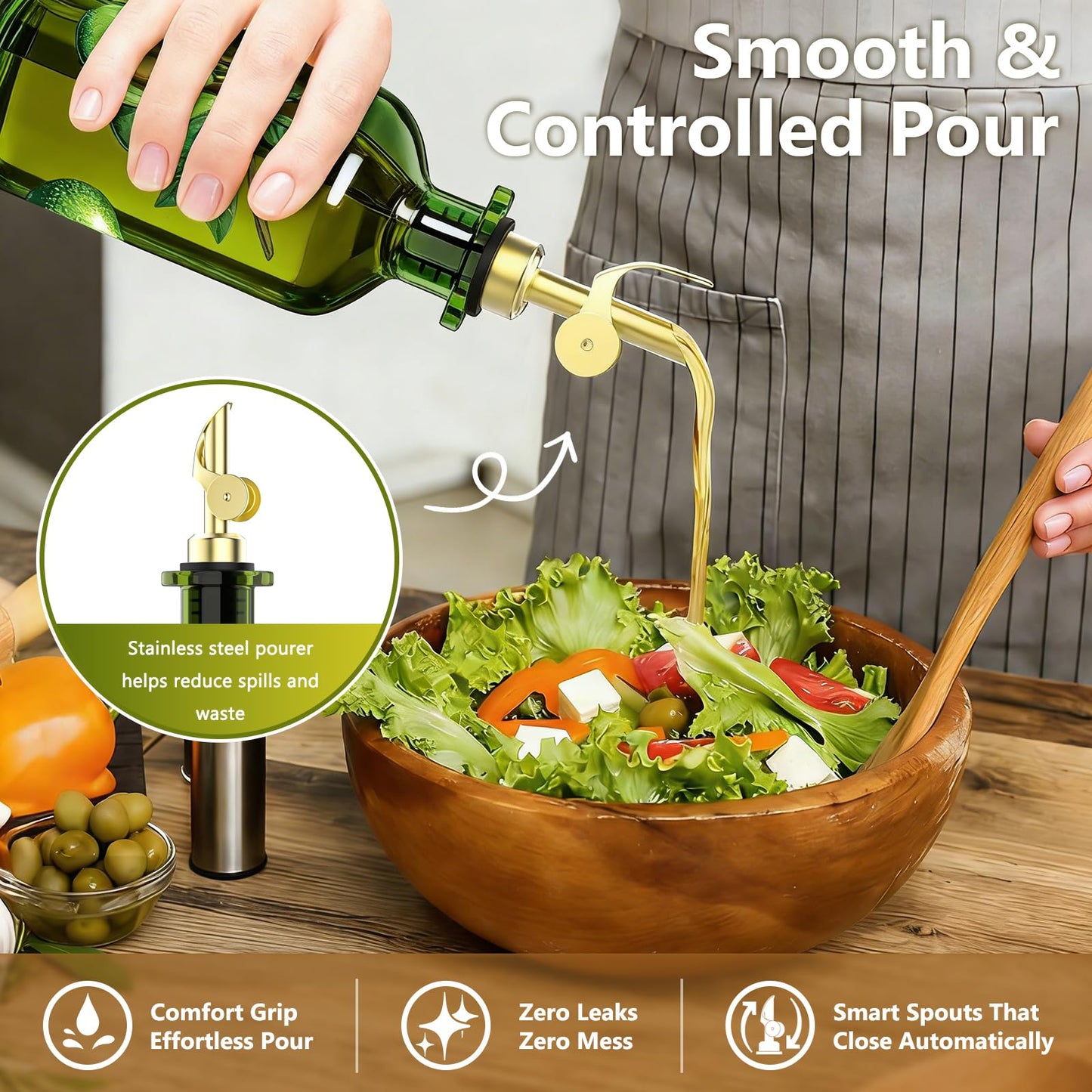 EJGIEGSO Olive Oil Dispenser Bottle for Kitchen, 12oz/350ml Extra Thick Glass Oil and Vinegar Cruet with Stainless Steel Pourer, Funnel & Cleaning Brush, Premium Oil Dispenser Set (Avocado)