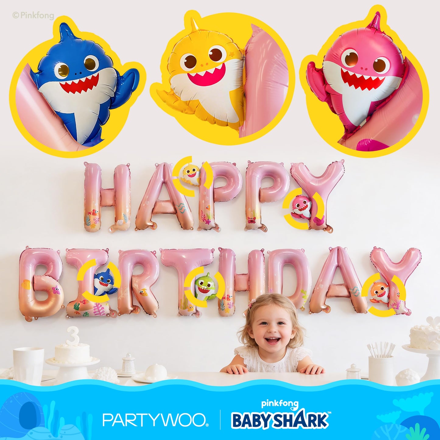 PartyWoo Baby Shark Family Foil Balloons 13pcs Baby Shark Family Pink Round Star Mylar Happy Birthday Banner Letter Balloons for Boys and Girls Under the Sea Kids Birthday Party Decorations