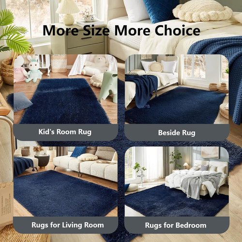 Floralux Area Rug - Dark Blue Fluffy Shag Carpet for Bedroom & Living Room | 4x6 Size