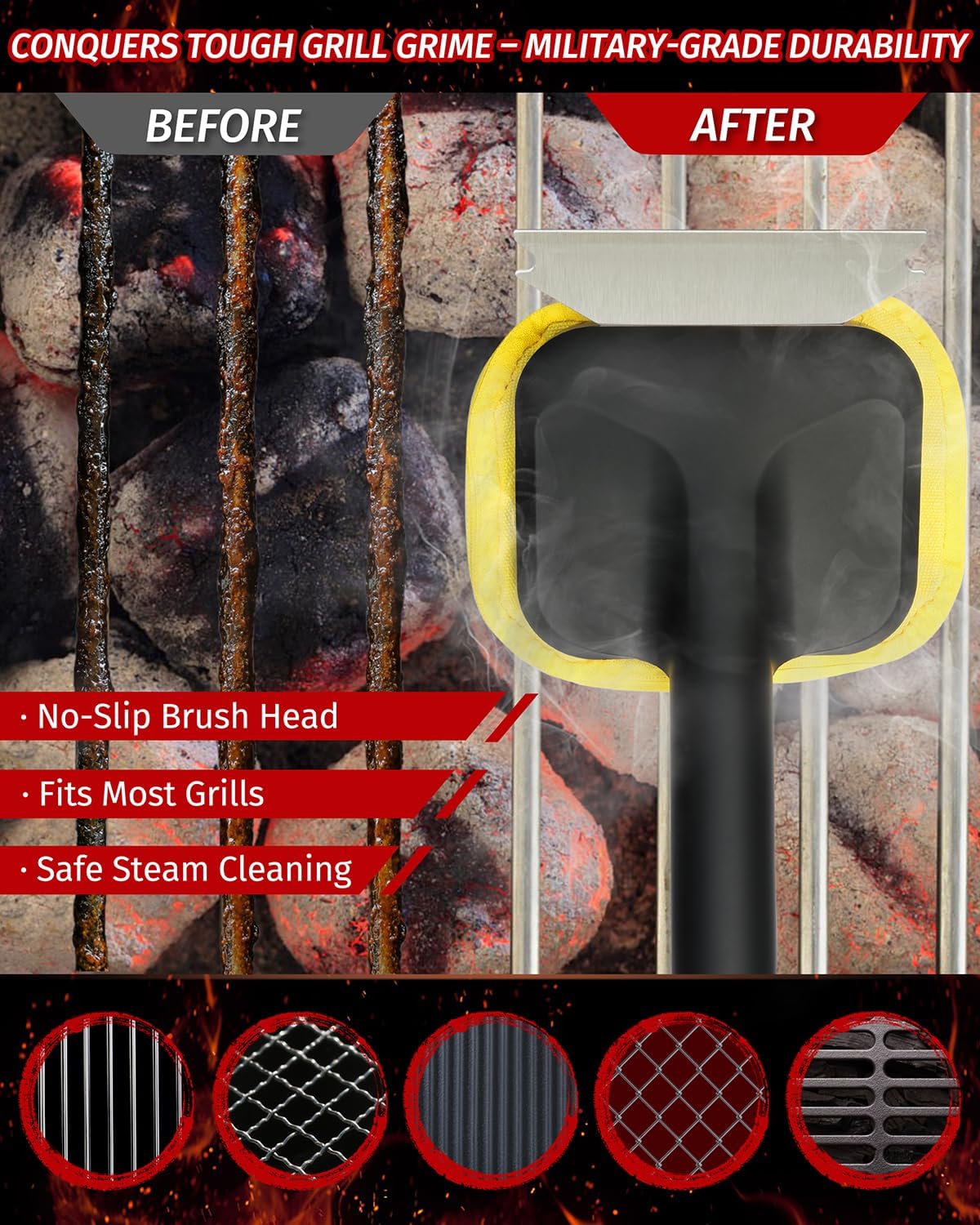 Skiennix BBQ Grill Cleaning Brush - Bristle-Free Design with 5 Replaceable Heads | 5-in-1 Cleaner Kit for Stainless Steel Grates