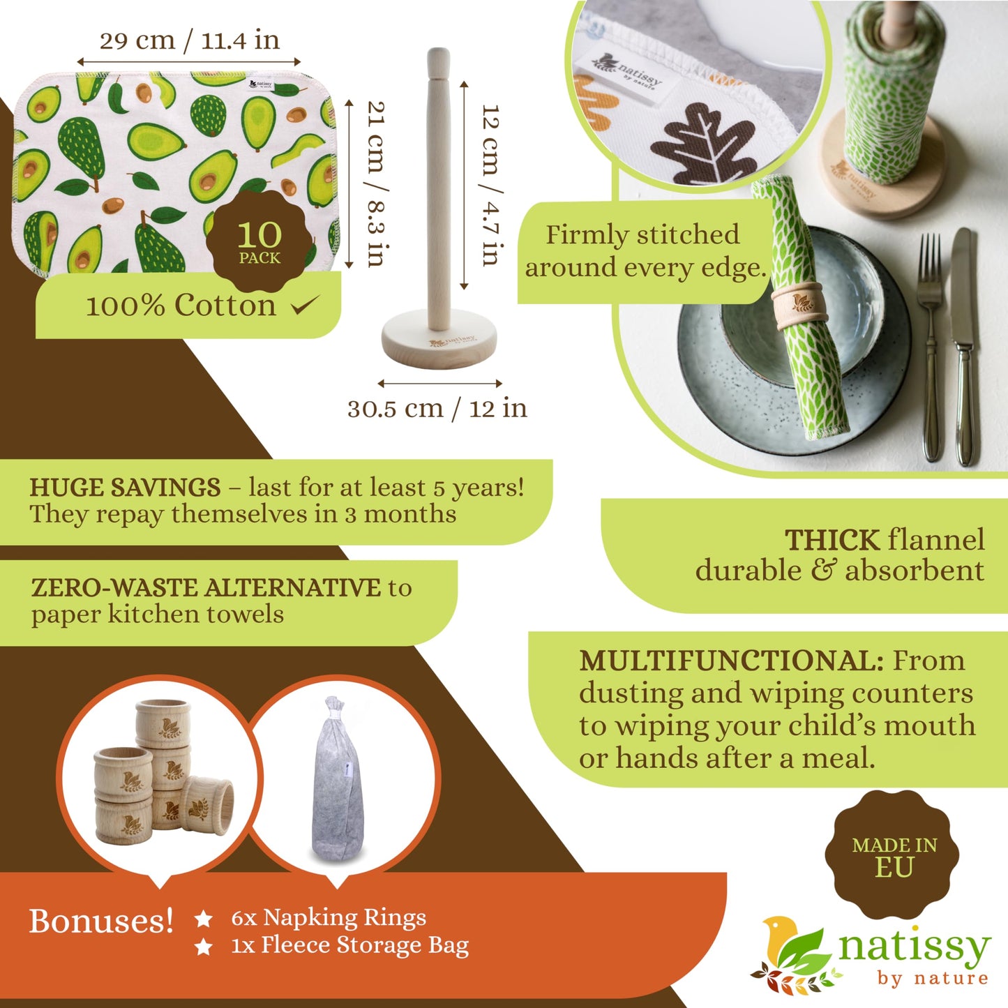 Natissy 10-Pack Organic Cotton Reusable Paper Towels, Washable Roll, Washable Cloth Paper Towels, Fabric Paperless Towels for Kitchen, Reusable Paper Towel Replacement Cloth Alternative