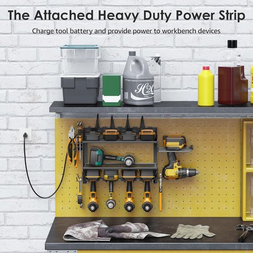 CCCEI Modular Power Tool Organizer - Wall Mount Charging Station with 8 Plug Power Strip | Heavy Duty Black Metal Shelf
