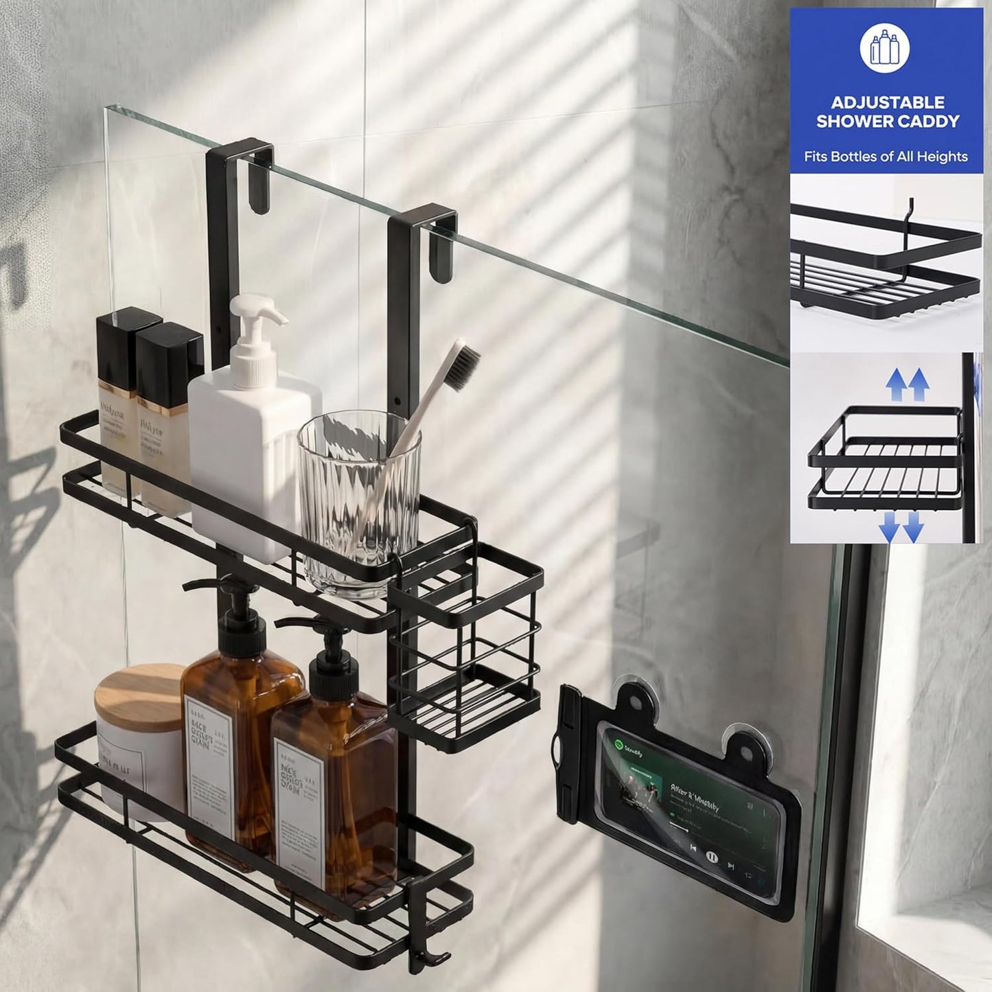 Skiennix Over The Door Shower Caddy - Rustproof 2-Tier Organizer with Waterproof Phone Pouch | Black