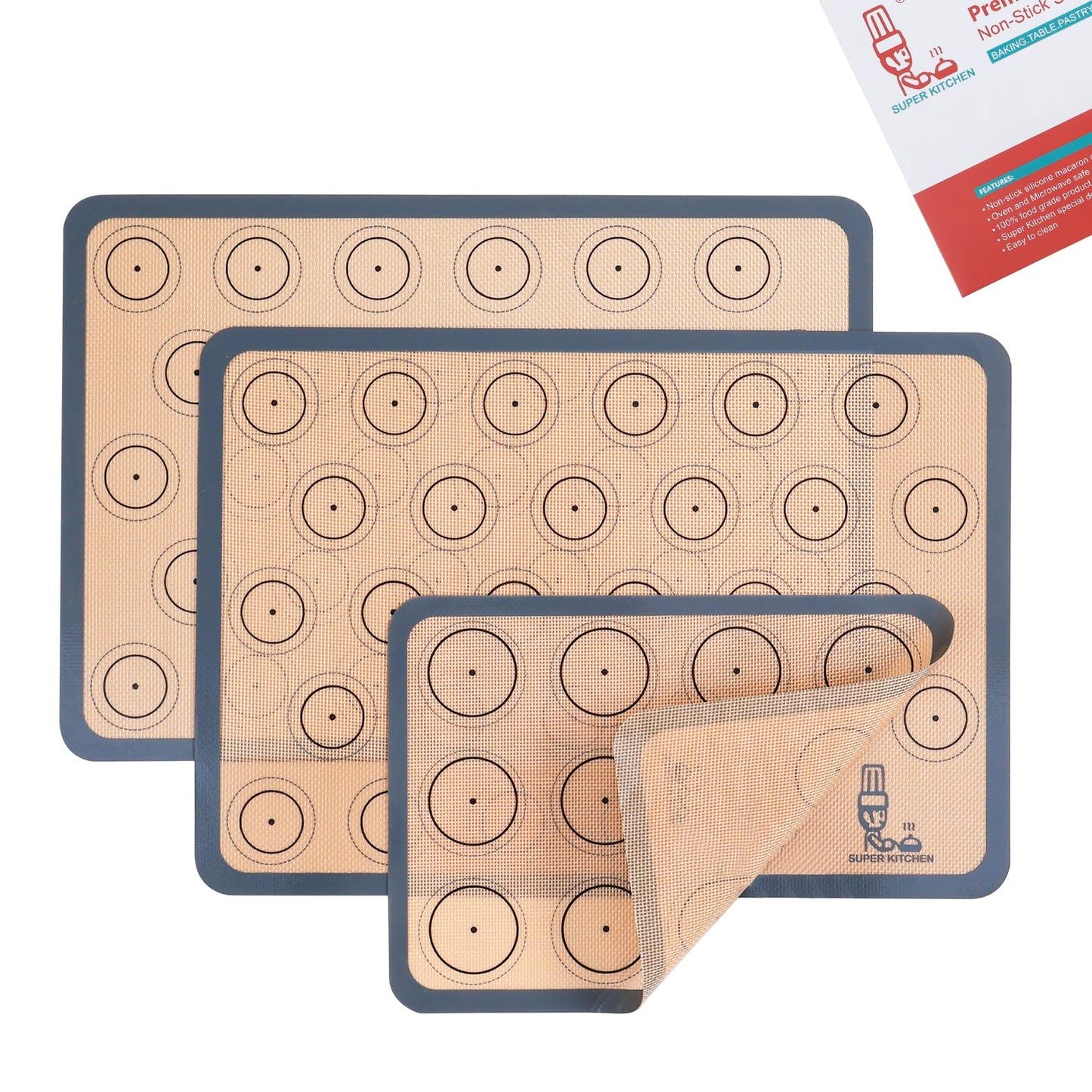 Silicone Baking Mat Macaron - Set of 3 (2 Half Sheet Liners and 1 Quarter Sheet), Non Stick Silicon Cookie Oven Liner For Macaroons, Bake Pans, Pizza, Toaster, Cake and Bread Making (16.5x11.6, Grey)