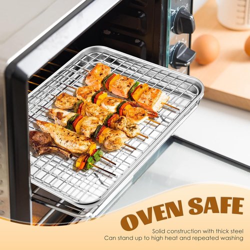 E-far Metal Toaster Oven Tray Set - 10.5”x8.3” Baking Sheet with Stainless Steel Rack for Cooking & Baking