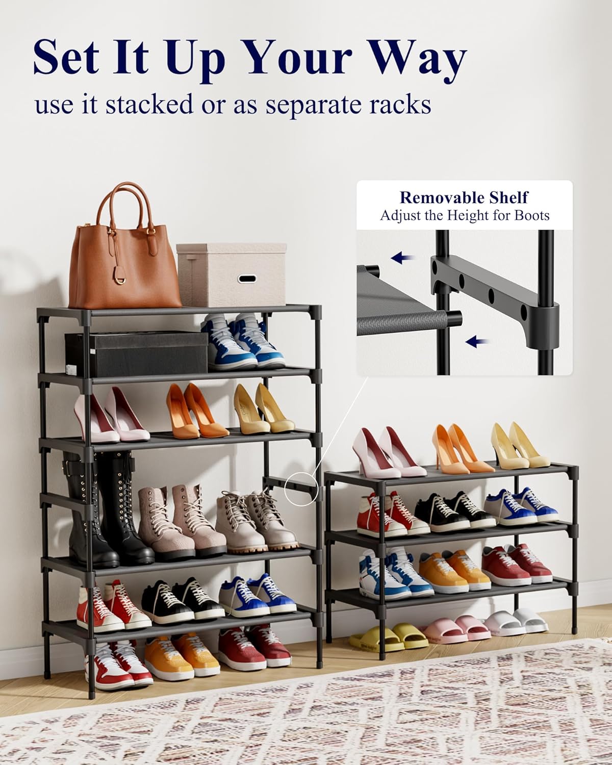 Kitsure Shoe Rack - Stackable Non-Woven Shoe Organizer for Closet & Entryway | 3-Tier, 27.5" Wide, Black