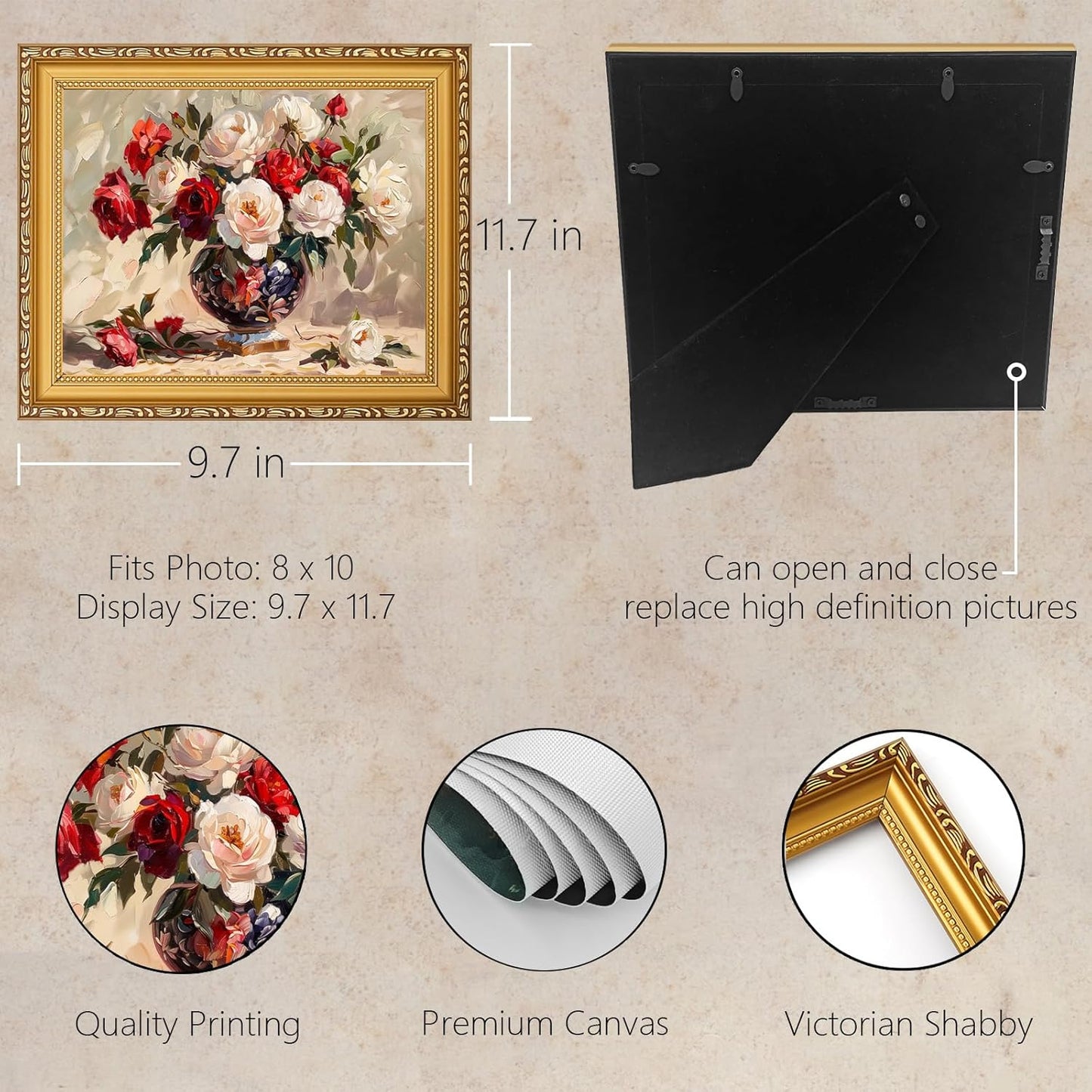 MIEVU Gold Vintage Framed Wall Art | Floral Canvas Prints for Living Room & Bedroom - 8x10in