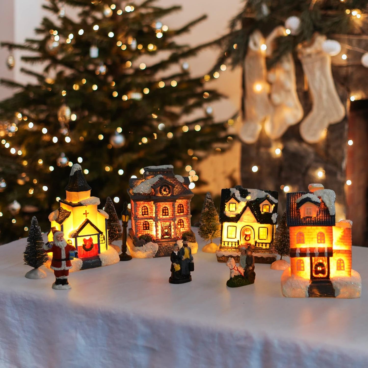 Skiennix Christmas Village Set - LED Lighted Houses with Figurines | Indoor Holiday Decor Collection