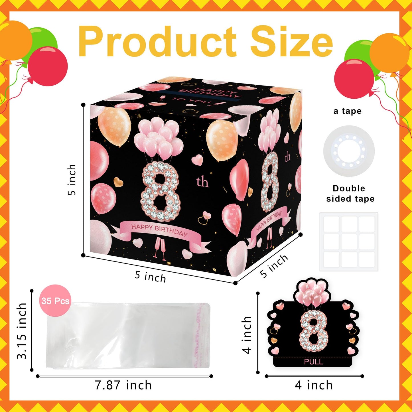 Surprise Gift Box for 8th Birthday Party, Happy Birthday Money Gift Boxes with 35PCS Bags