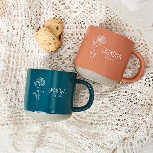 Custom Engraved Birth Month Flower Pottery Mug With Text - Personalized Cup With Name, Cute Mug Gifts for Women Mom Grandma