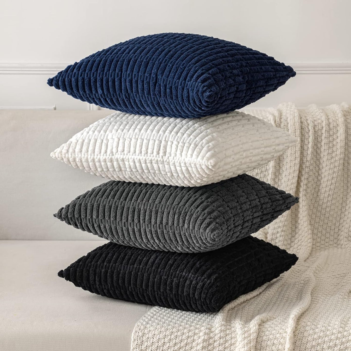 MIULEE Euro Sham Pillow Covers - Soft Corduroy Boho Striped Design | 24x24 Inch Dark Blue for Modern Farmhouse Decor