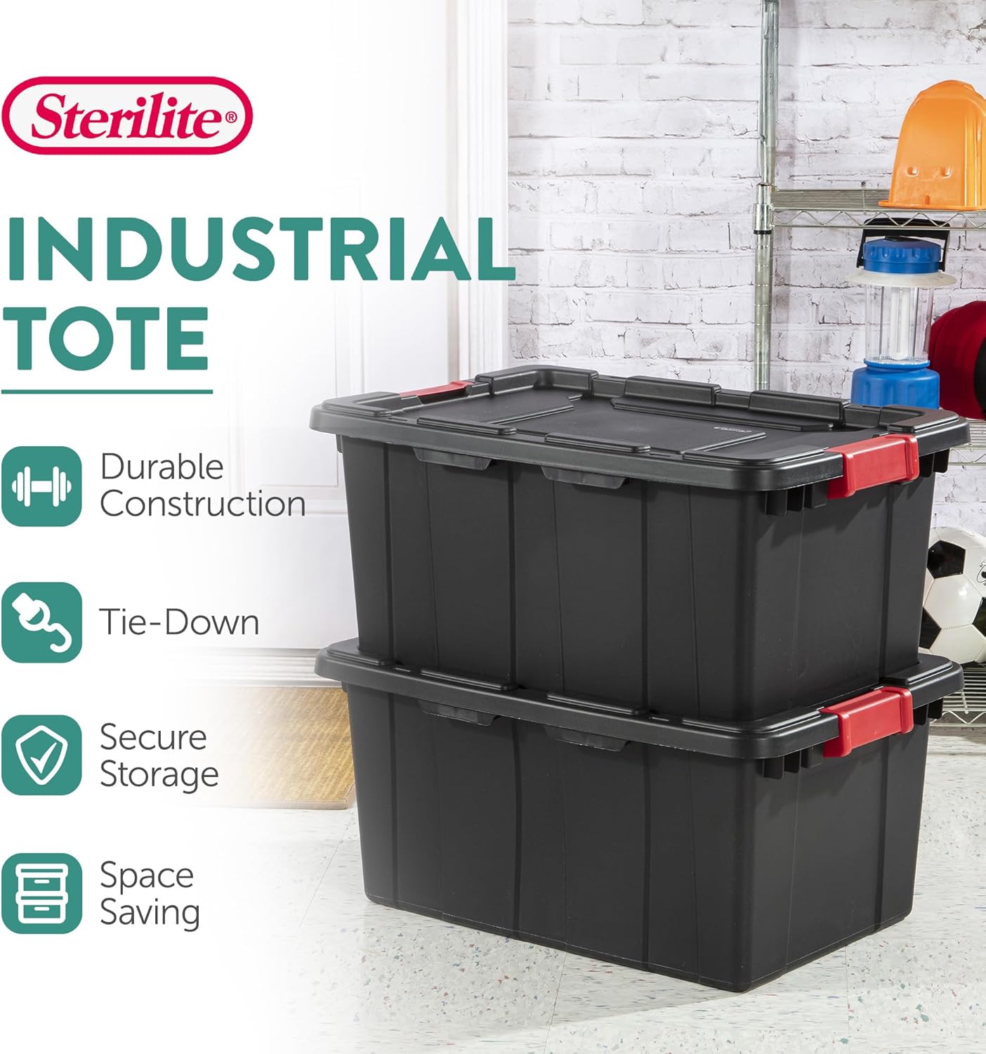 Sterilite 6-Pack Industrial Tote - Heavy-Duty 15 Gallon Plastic Storage Bins with Lids | Black Organizing Solution