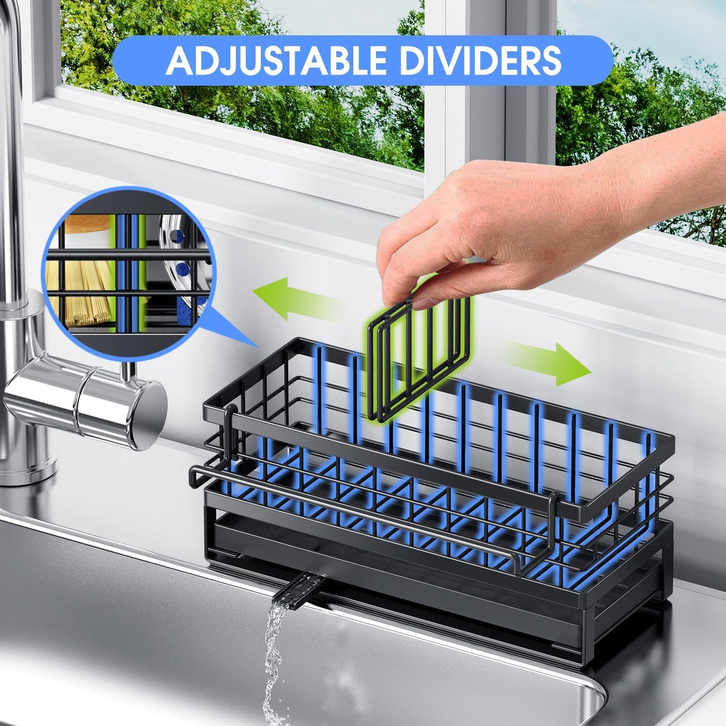 Rustproof Kitchen Sink Sponge Holder - Non-Slip Self-Draining Metal Caddy with Detachable Dish Cloth Holder | Black