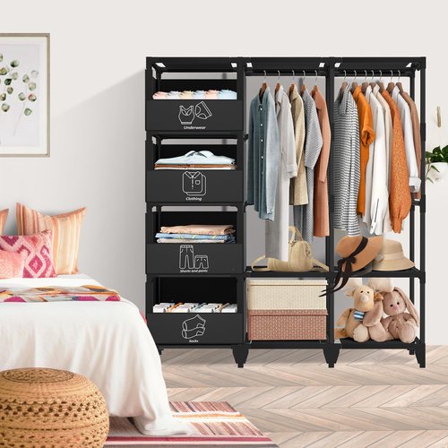 Jofuler Portable Closet, Easy Assembly, Large Capacity Wardrobe Closet, Sturdy and Stable Clothes Rack with Shelves 4 Storage Baskets and 2 Hanging Rods, for Bedroom and Cloakroom Black