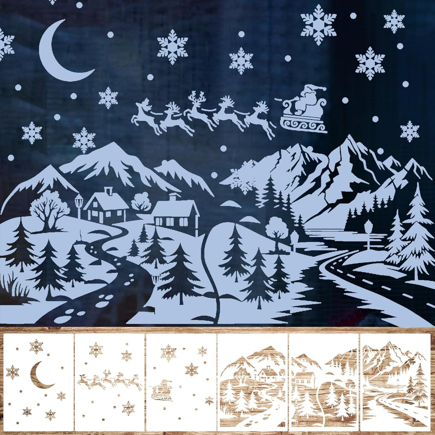 Leinuosen Christmas Window Stencils - 6 Pcs Reusable Winter Village Designs | 35.4 x 33 Inches