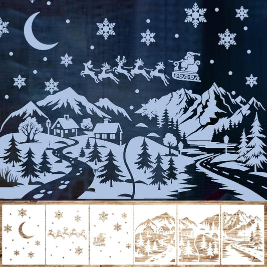 Leinuosen Christmas Window Stencils - 6 Pcs Reusable Winter Village Designs | 35.4 x 33 Inches