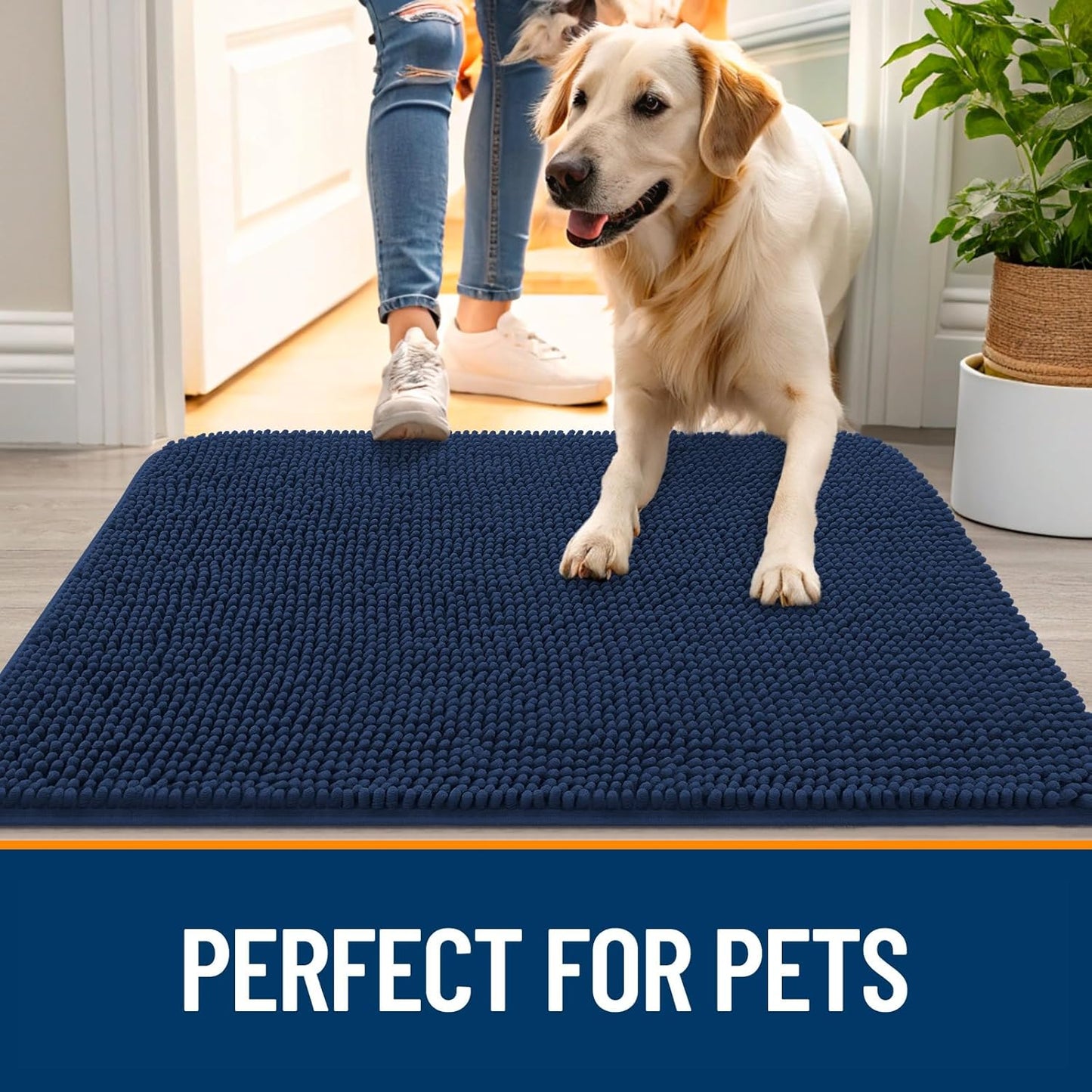 OLANLY Dog Door Mat - Absorbent Non-Slip Washable Doormat for Muddy Paws | 47x20 Dark Blue