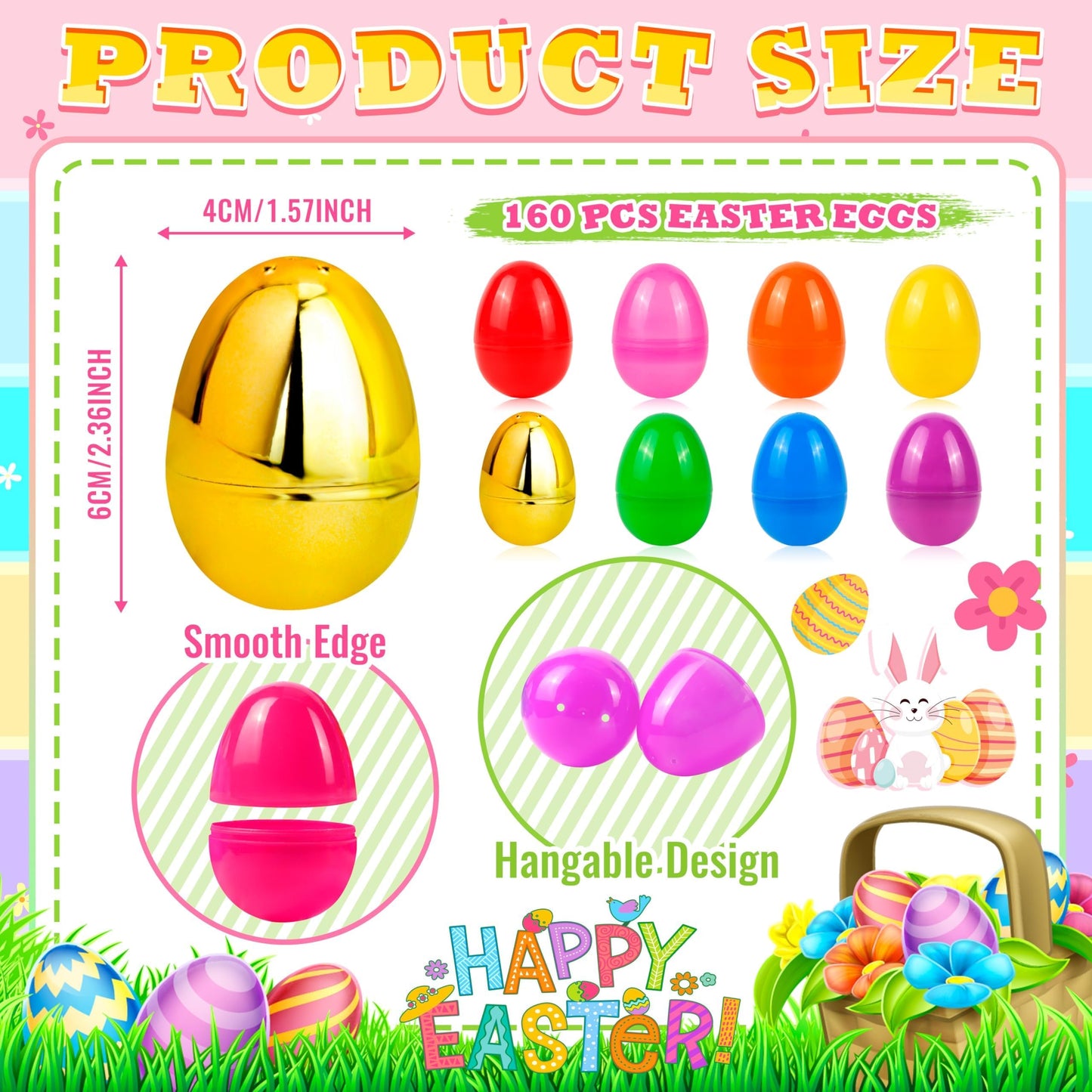 OCTERIC 304Pcs Easter Eggs, 2.3" Fillable Colorful Mix Gold Plastic Easter Eggs Empty for Easter Hunt, Easter Basket Stuffers, Party Favor, Classroom Prize Supplies