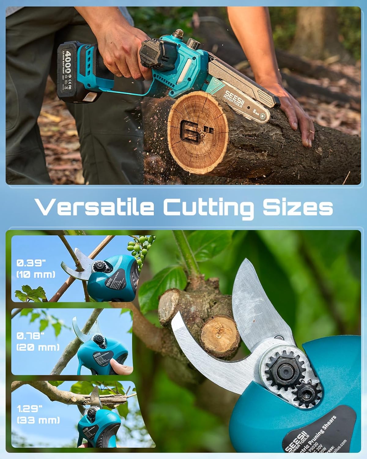 SEESII 4-in-1 Pole Saw & Pruning Shears Kit - 6-Inch Mini Chainsaw for Tree Trimming | Battery Powered with 2 x 4000mAh Batteries