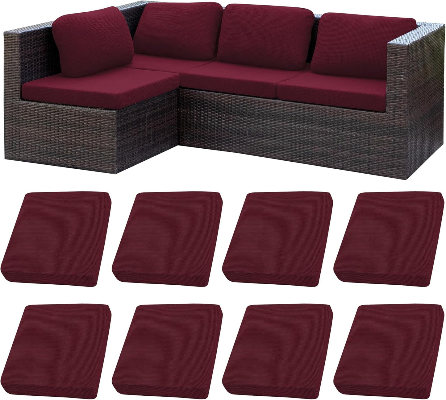 Skiennix 8Pcs Stretch Patio Cushion Covers - Washable Outdoor Sofa Slipcovers in Wine Red