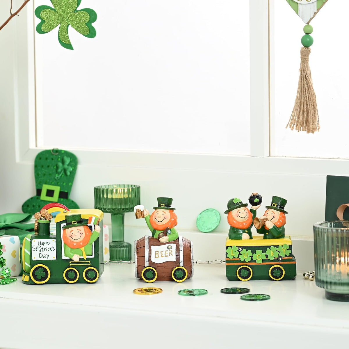 Valery Madelyn St. Patrick's Day Decorations - Lighted LED Train & Leprechaun with Shamrock Pot of Gold | Festive Table Centerpiece