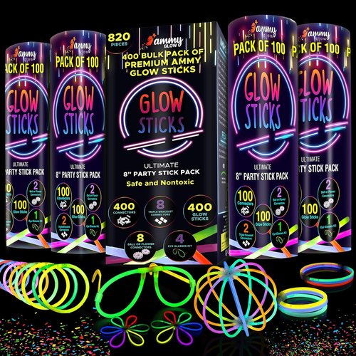 Ammy Glow Glow Sticks (205 Pcs Kit) Bulk Party Pack-100 Pack Glow Sticks with Connectors & Glasses- Party Favors for Kids 8-12- Neon Glow in The Dark Party Supplies for Birthdays & Events