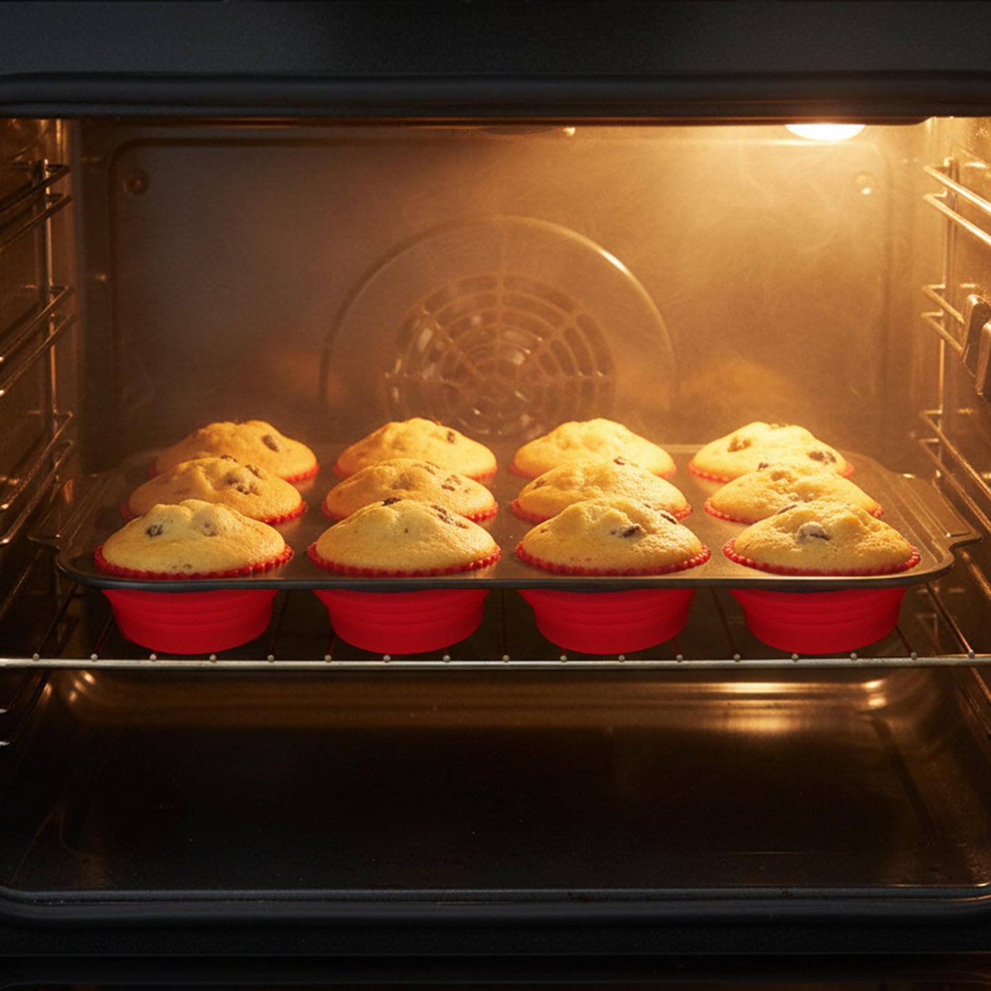 KH866 Silicone Muffin Pan with Metal Frame Nonstick 12 Cup Regular Size Cupcake Tin Bakeware Easy to Pop Egg Bite Molds Oven and Dishwasher Safe Pan Maker Tins Red Cups Non Toxic Baking Cup