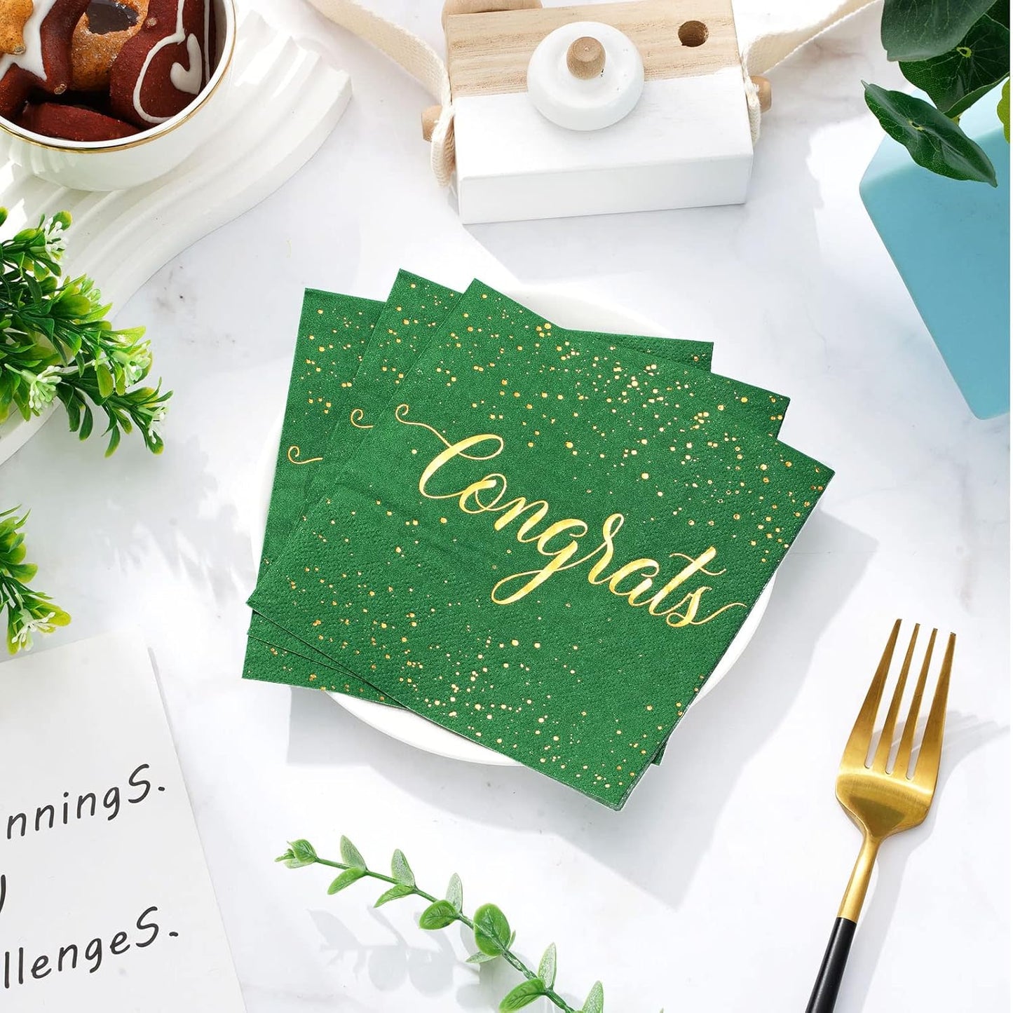 Whaline Graduation Cocktail Napkins - 80 Pack Green & Gold Foil Congrats Design | Disposable Beverage & Dessert Napkins for Grad Party Decor