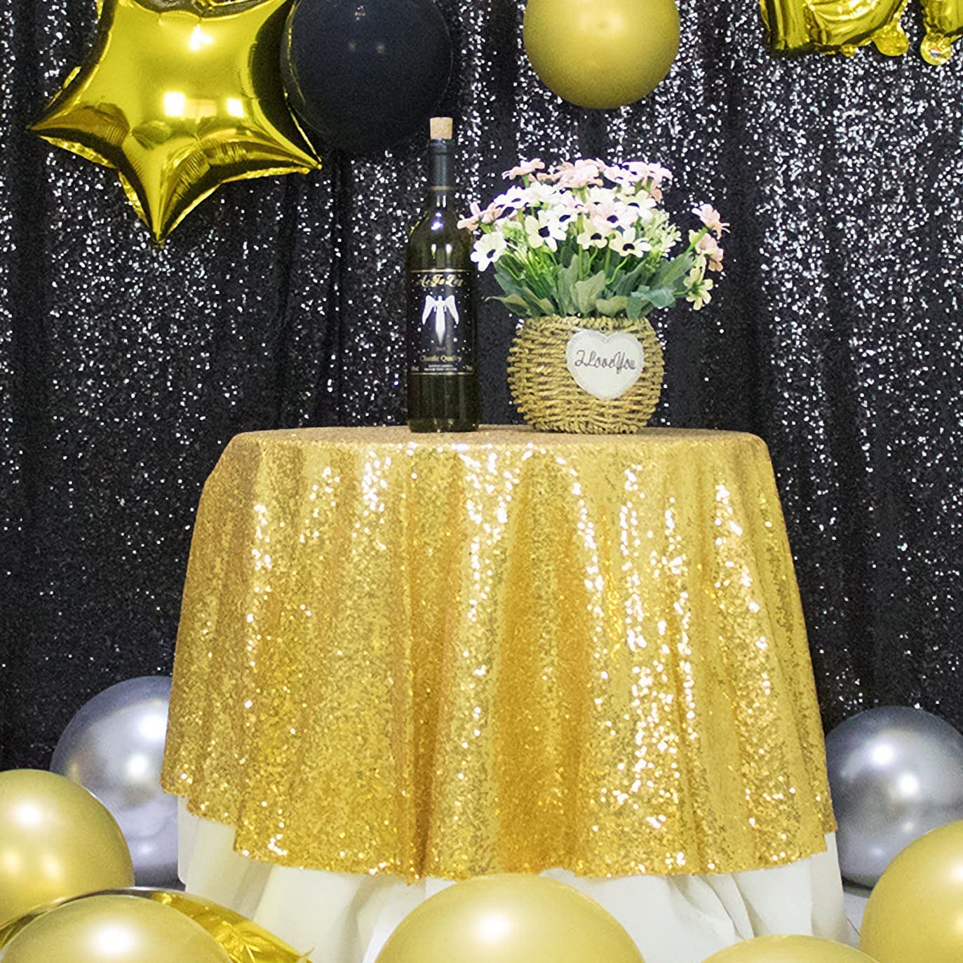 HMQIANG Gold Sequin Tablecloth Round 90" Sparkly Gold Drape Table Cloth Sequin Fabric Table Cover for Wedding Birthday Party Baby Shower